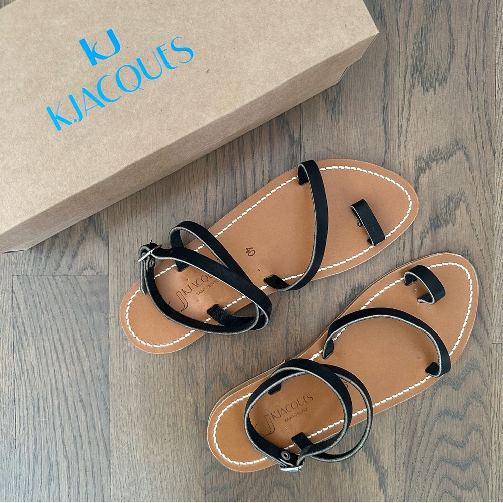 NIB K. Jacques Loki Flat Ankle Strap Sandal Pul Noir Black Leather 40 EU/10 US